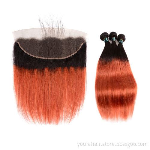 Wholesale 10A Peruvian Virgin Human Hair Ombre Color 1b/350 Orange Hair Bundles with Closure Lace Frontal Hair Extension Weaving